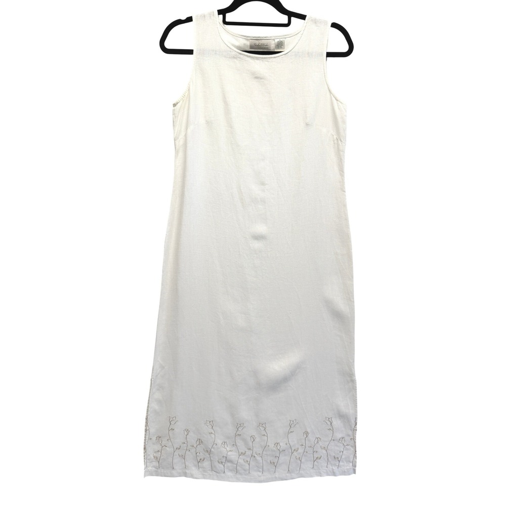 Studio Works 100% Linen Maxi Dress Cream Embroidered Bottom Small Petite